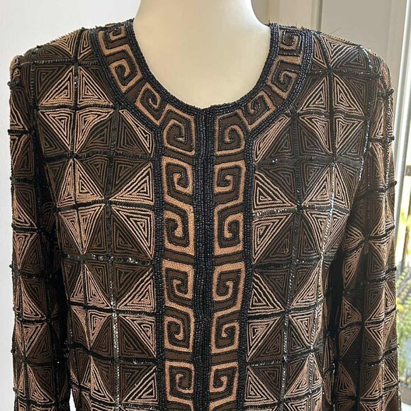 Hand-Beaded Black & Bronze Silk Geometric Jacket w/ Greek Key Borders – US XS/S - Picture 4 of 10